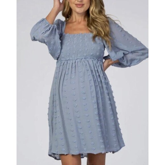 Listicle Swiss Dot Maternity Dress Large Babydoll Smocked Square Neck Chiffon - Picture 2 of 15